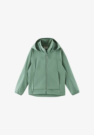 Jasnozielona kurtka z kapturem, z pełnym zamkiem błyskawicznym z przodu, dwoma przednimi kieszeniami i elastycznymi mankietami, pokazana na płasko na białym tle.