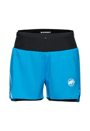 Pantaloncini atletici blu e neri con cintura nera, logo Mammut sulla gamba sinistra e strisce riflettenti ai lati.