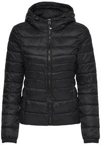 Black puffer jacket with a hood, featuring a quilted design and zipper closure. Soft, shiny fabric with elastic cuffs. Warm and lightweight.