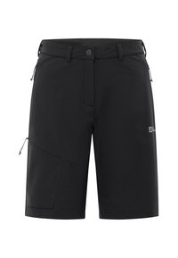 Schwarze Outdoor-Shorts aus synthetischem Material. Zu den Merkmalen gehören eine seitliche Reißverschlusstasche, ein verstellbarer Bund und ein modernes Design.