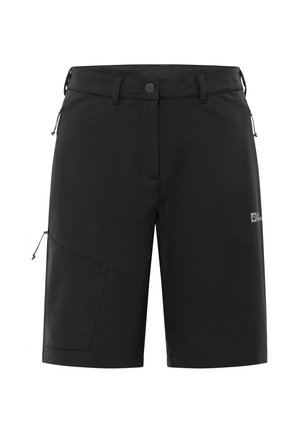 Shorts noirs d'extérieur en matériau synthétique. Les caractéristiques incluent une poche latérale zippée, une taille réglable et un design moderne.