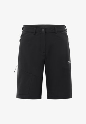 Shorts noirs d'extérieur en matériau synthétique. Les caractéristiques incluent une poche latérale zippée, une taille réglable et un design moderne.