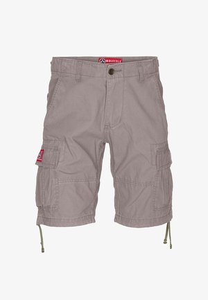 Cargo shorts van lichtgrijze stof, met twee zijzakken, een knoopsluiting en trekkoorden aan de zoom voor aanpasbare lengte.