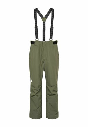 Olívovo zelené vodoodpudivé nohavice s nastaviteľnými čiernymi trakovými popruhmi, na ktorých je výrazné logo na ľavom boku a rovný strih nohavíc.