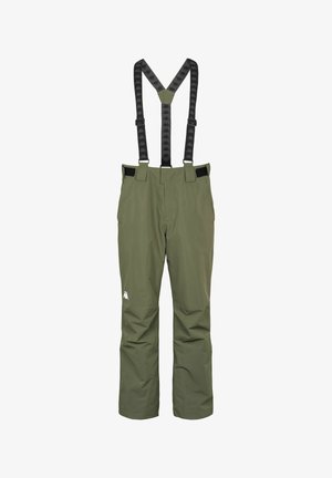 Pantaloni impermeabili verde oliva con bretelle nere regolabili, caratterizzati da un logo prominente sull'anca sinistra e un taglio dritto.