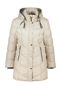 Beige pufferjack met een afneembare capuchon, met diagonale stiksels, ritszakken en trekkoordaccenten. Glad, glanzend materiaal.