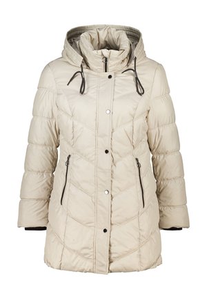 Beige pufferjack met een afneembare capuchon, met diagonale stiksels, ritszakken en trekkoordaccenten. Glad, glanzend materiaal.