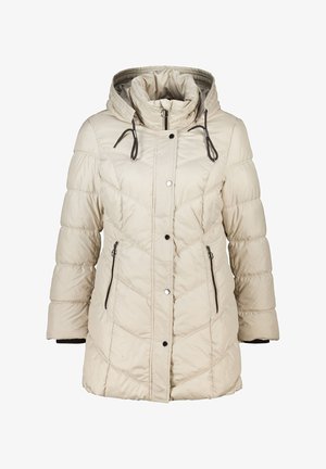 Beige pufferjack met een afneembare capuchon, met diagonale stiksels, ritszakken en trekkoordaccenten. Glad, glanzend materiaal.