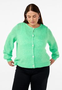 Zelený pletený cardigan s dlouhými rukávy, kulatým výstřihem a pěti knoflíkovými zapínáními. Měkká textura s ribovaný lem a manžetami.
