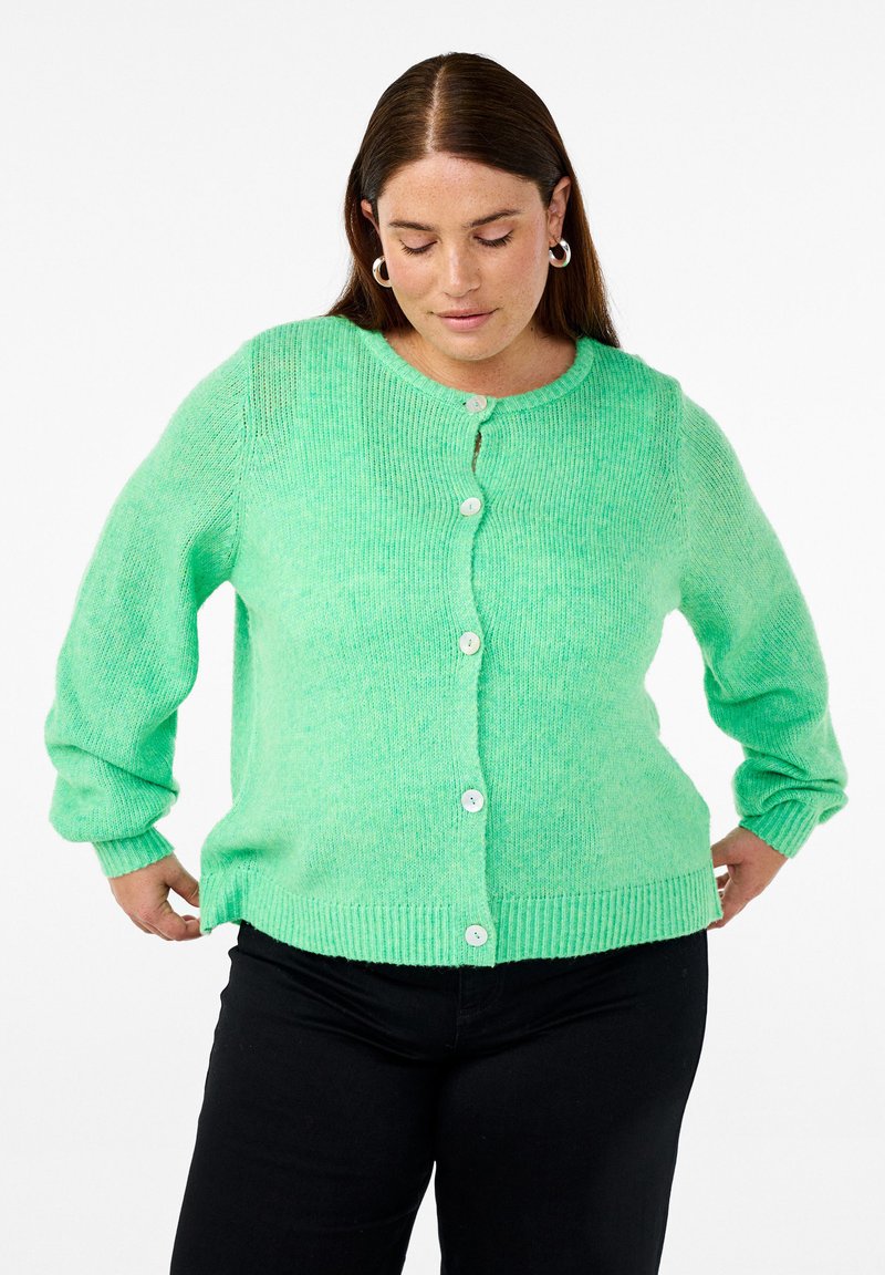 Zelený pletený cardigan s dlouhými rukávy, kulatým výstřihem a pěti knoflíkovými zapínáními. Měkká textura s ribovaný lem a manžetami.