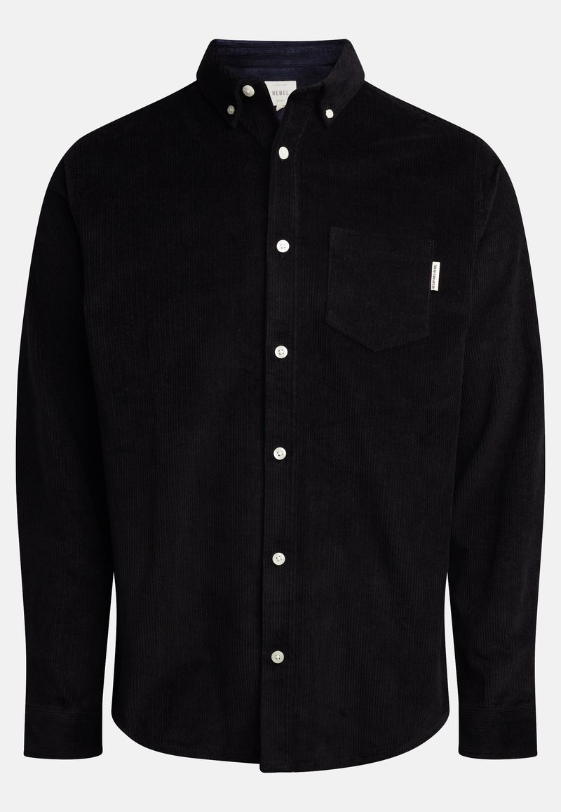 Camicia in corduroy nera con colletto button-down, tasca frontale e bottoni bianchi; presenta strisce verticali testurizzate e maniche lunghe.
