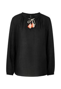 Schwarze Bluse mit langen Ärmeln und rundem Ausschnitt, ausgestattet mit einem verstellbaren Kordelzug mit orangefarbenen und weißen Quasten an der Vorderseite. Glatte Textur.