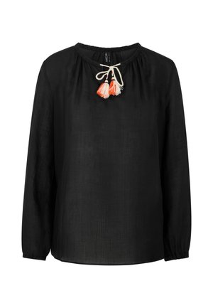 Black long-sleeve blouse with a round neckline, featuring an adjustable drawstring with orange and white tassels at the front. Smooth texture.