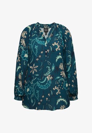 Dlouhý rukáv, modrozelená blůza s květinovým vzorem v modré a krémové barvě. Obsahuje zapínání na knoflíky, nařasený dekolt a manžety rukávů na gumu.
