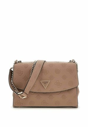 Sac à bandoulière en simili cuir marron avec un motif embossé, des ferrures argentées et une bandoulière chaîne. Comprend un rabat pliant et un détail de logo.