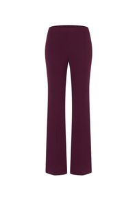 Pantalons évasés en tissu extensible, de couleur bordeaux profond et à la texture lisse. Pas de poches visibles ni de détails métalliques.
