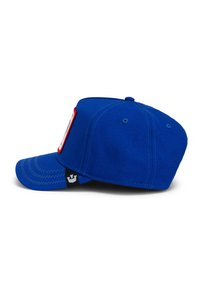Gorra azul con un diseño estructurado, visera curva, parche con logotipo rojo y costuras en contraste. Cuenta con una correa ajustable en la parte trasera.