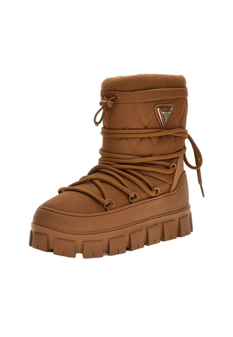 Rudas siuvinėtas nepralaidus vandeniui batas su prabangia apykakle, storesniu guminiu padu ir ryškiais raišteliais. Pabrėžtas trikampis logotipo akcentas.