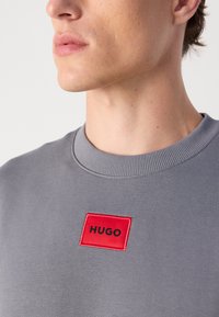 Šedá mikina s pruhovaným okrúhlym výstrihom a červeným obdĺžnikovým nášivkom s nápisom "HUGO" v čiernej farbe. Mäkkučký materiál s hladkou textúrou.
