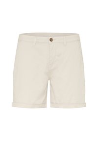 Beiga bomullsshorts med knäppning, med upprullade fållar och sidofickor, som visar en slät textur och rak skärning.