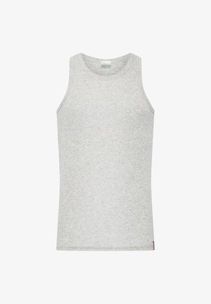 Jasnoszary, bezrękawnik wykonany z miękkiej tkaniny. Posiada okrągły dekolt i małą metkę marki na końcu. Gładka tekstura.