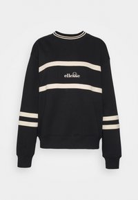 Sweat-shirt noir à col rond avec des rayures horizontales blanches sur la poitrine et les manches, avec le nom de la marque "ellesse" en blanc sur le devant.
