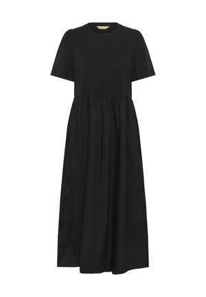 Robe midi noire à manches courtes, corsage ajusté, encolure ronde et jupe froncée pour une silhouette fluide.