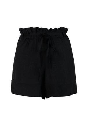 Black shorts featuring a ruffled waistband, drawstring tie, textured fabric with small circular patterns, and a relaxed fit.