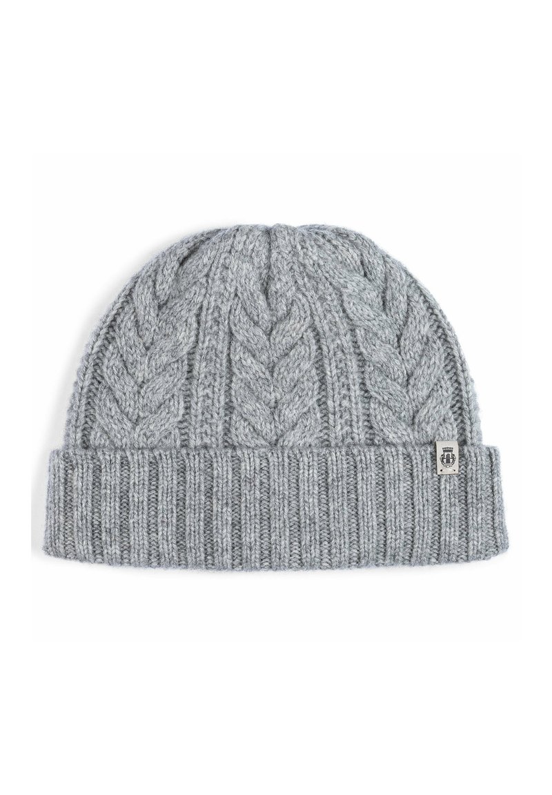 Gray knitted beanie featuring a ribbed cuff and cable-knit design. Includes a small branded tag on the side. Soft and textured fabric.