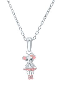 Collana d'argento con pendente a forma di topo in tutù rosa e scarpette da ballo, caratterizzato da dettagliati tratti facciali e una finitura lucida.