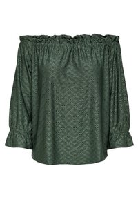 Blusa verde a spalle scoperte con scollatura arricciata, maniche lunghe a sbuffo e motivo testurizzato. Realizzata in tessuto leggero con dettagli sottili.