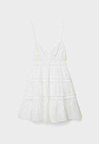 Robe blanche à volants en tissu léger, dotée de bretelles spaghetti réglables, d'un corsage smocké et d'accents à volants sur chaque volant.