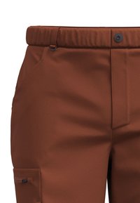 Braune Cargo-Hosen aus strukturiertem Stoff, mit elastischem Bund, Reißverschlusstaschen und einer seitlichen Taschenapplikation. Mit matter Oberfläche.