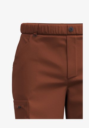 Pantaloni cargo marroni con tessuto testurizzato, vita elasticizzata, tasche con zip e dettagli di tasca laterale. Presentano una finitura opaca.