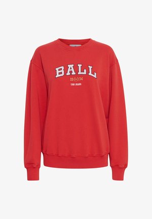 Felpa rossa in cotone con maniche lunghe, polsini e orlo a costine, decorata con testo ricamato bianco "BALL 1974 THE JEANS" sul davanti.