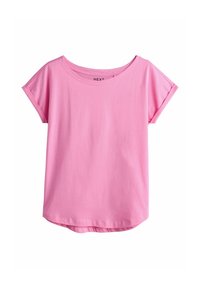 Růžové tričko s krátkými rukávy vyrobené z měkké bavlny. Má široký kulatý výstřih a mírně zaoblený lem pro pohodlné nošení.