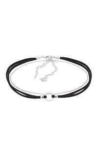 Zwarte suède en zilveren metalen choker met drie strengen, voorzien van ronde accenten en een karabijnslot met een verstelbare ketting.