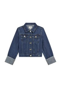 Jeansjacka i mörkblått, med klassisk krage, knappstängning fram, två bröstfickor och kontrasterande manschetter. Broderad logotyp vid fållen.