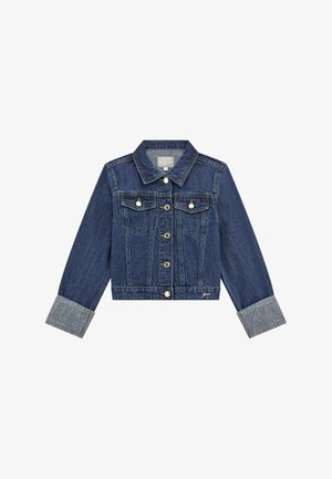 Giacca di jeans blu scuro, con colletto classico, chiusura con bottoni, due tasche sul petto e polsini a contrasto. Logo ricamato in basso.