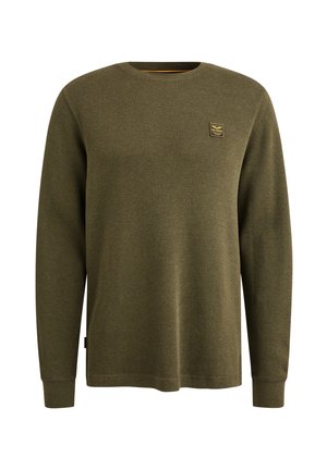 Zelený sveter s dlhým rukávom s textúrovaným úpletovým vzorom. Obsahuje okrúhly výstrih a malú nášivku s logom na hrudi. Voľný strih.