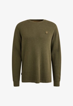 Zelený sveter s dlhým rukávom s textúrovaným úpletovým vzorom. Obsahuje okrúhly výstrih a malú nášivku s logom na hrudi. Voľný strih.