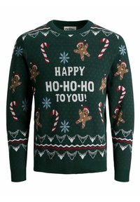 Grüner Strickpullover mit Lebkuchenmännern, Zuckerstangen und Schneeflocken. Der Text lautet "FROHE HO-HO-HO FÜR DICH!" in Weiß und Rot.