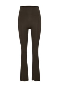 Brązowe legginsy dzwonowe wykonane z elastycznego materiału, z wysokim stanem i gładką fakturą, zaprojektowane z myślą o komforcie i swobodzie ruchu.