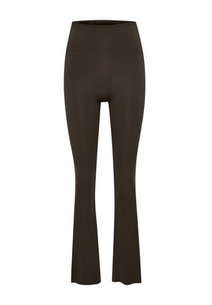 Braune Schlagleggings aus elastischem Material, mit hohem Bund und glatter Textur, entworfen für Komfort und Bewegungsfreiheit.
