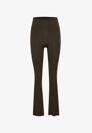 Bruna utsvängda leggings gjorda av stretchigt material, med hög midja och slät yta, designade för komfort och enkel rörelse.