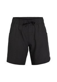 Shorts de bain noirs avec une taille élastique et un cordon de serrage, dotés de poches latérales et d'une texture de tissu lisse. Design minimaliste.