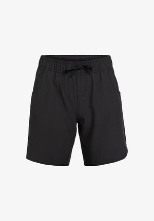 Czarne kąpielówki z elastycznym paskiem w talii i sznurkiem, z bocznymi kieszeniami i gładką fakturą materiału. Minimalistyczny design.