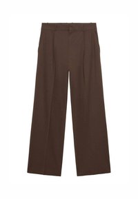 Bruine wijde broek gemaakt van een gladde stof, met een hoge taille, voorplooien en twee zijzakken.
