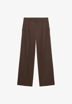 Rjave široke hlače iz gladkega materiala, ki imajo visok pas, sprednje gube in dve stranski žepi.