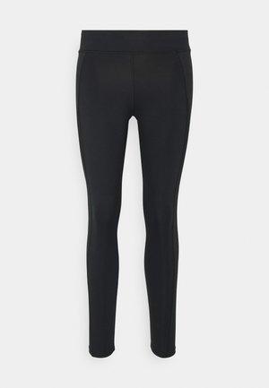 Black flexible leggings with a smooth texture, featuring side seams and a high waistband for secure fit, designed for comfort and mobility.